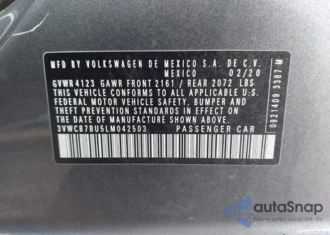 2020 Volkswagen Jetta 1.4T R-Line/1.4T S/1.4T Se z USA, uszkodzony, nr VIN 3VWCB7BU5LM042503